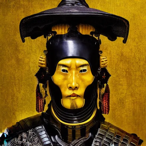 Prompt: photograph old samurai hero, cyberpunk, vibrant yellow colors, surreal, french baroque style by alexander mcqueen, hyper detailed, realistic cinematic, voigtlander photography portrait, no red background