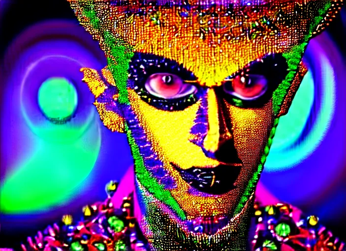 Prompt: baroque bedazzled gothic bedazzled futuristic frames surrounding a pixelsort highly detailed portrait of a colorful maximalist maximalism deocra cute jester art of neil cicierega the lemon demon, a hologram by penny patricia poppycock, pixabay contest winner, holography, irridescent, photoillustration, maximalist vaporwave
