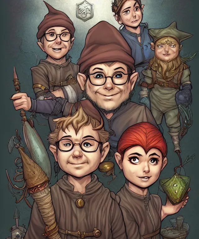 Image similar to a ( fantasy comic ) ( cover art ) portrait of a gnome tinkerer who looks like ( rick moranis ), digital illustration by jenny frison and sana takeda and kentaro miura, fine inking lines, dnd, highly detailed!, hd, 4 k, trending on artstation