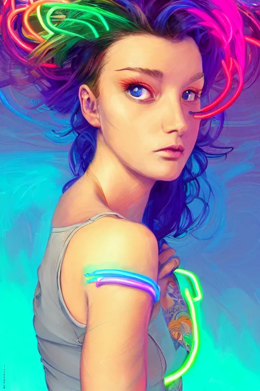 Image similar to a award winning half body portrait of a beautiful woman with stunning eyes in a off shoulder croptop and cargo pants with rainbow colored hair, outlined by whirling illuminated neon lines and fine lines swirling in circles by jesper ejsing and rhads and makoto and shinkai and lois van baarle, digital art, trending on artstation