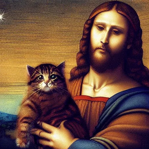 Prompt: jesus holding a cute cat, emotional, cute, powerful, digital art by leonardo da vinci
