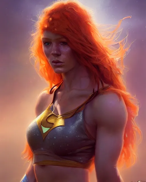 Image similar to female superhero, perfect face, halter top, ginger hair, abs, cinematic, freckles, stunning, cape, athletic, strong, agile, highly detailed, psychedelic, digital painting, artstation, smooth, hard focus, illustration, art by jessica rossier and and brian froud