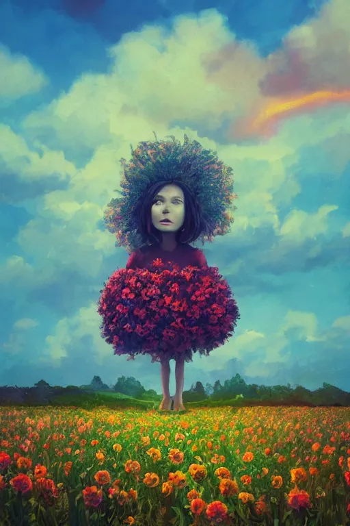 Image similar to closeup, giant flower head, girl in suit standing in a field of flowers, surreal photography, sunrise, blue sky, dramatic light, impressionist painting, digital painting, artstation, simon stalenhag