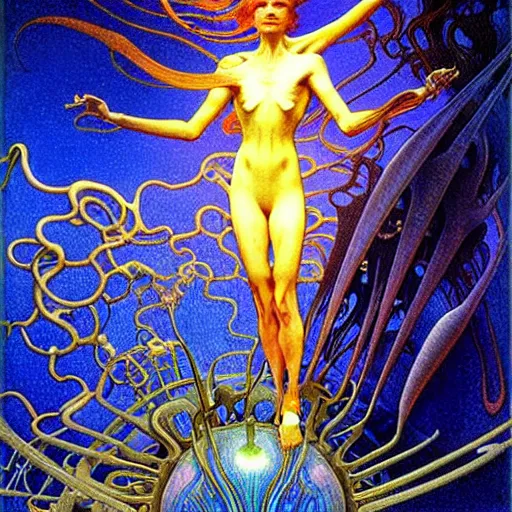 Image similar to realistic extremely detailed portrait painting of a glowing silhouette, futuristic sci-fi landscape on background by Jean Delville, Amano, Yves Tanguy, Alphonse Mucha, Ernst Haeckel, Edward Robert Hughes, Roger Dean, rich moody colours, blue eyes