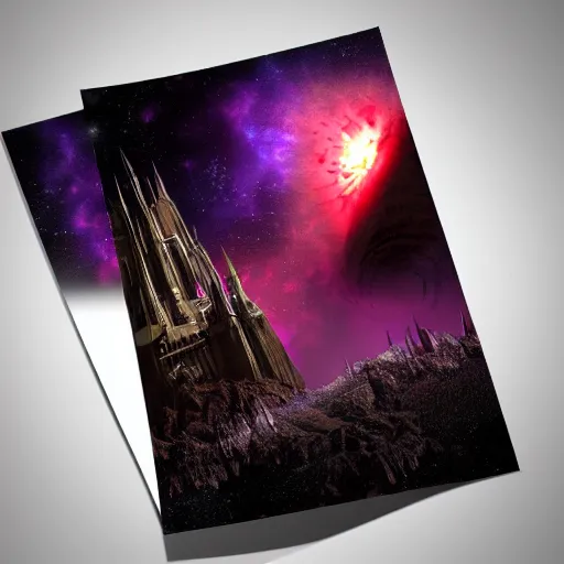 Prompt: a dark gothic castle with tall spires on top of an asteroid in an asteroid field, red and purple nebula