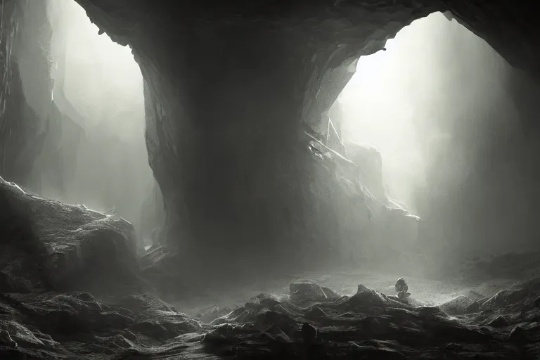 Prompt: when a shadow is forced into the light, ancient underground cavern, dramatic, cinematic, matte painting, high contrast, cgsociety, artstation, 4k