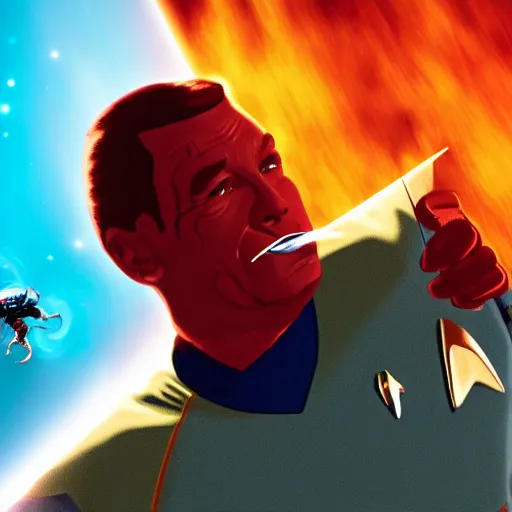 Prompt: star trek character wearing red smoking and fighting a giant space beetle, 4k,