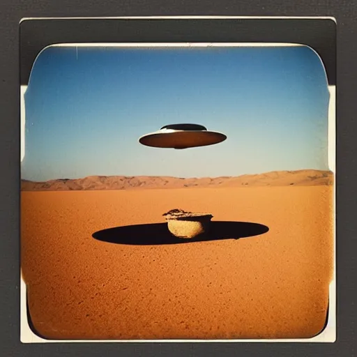 Image similar to a flying saucer hovering over the desert at night, distant!!, historical photo, old polaroid, expired film,