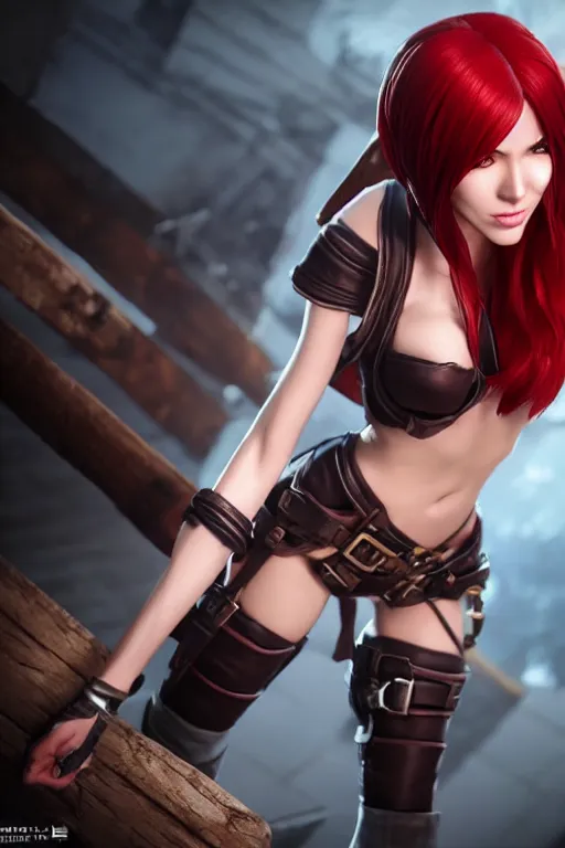 Image similar to Katarina from League of Legends, photorealistic full body, unreal engine 5, hyperrealistic, highly detailed, realistic