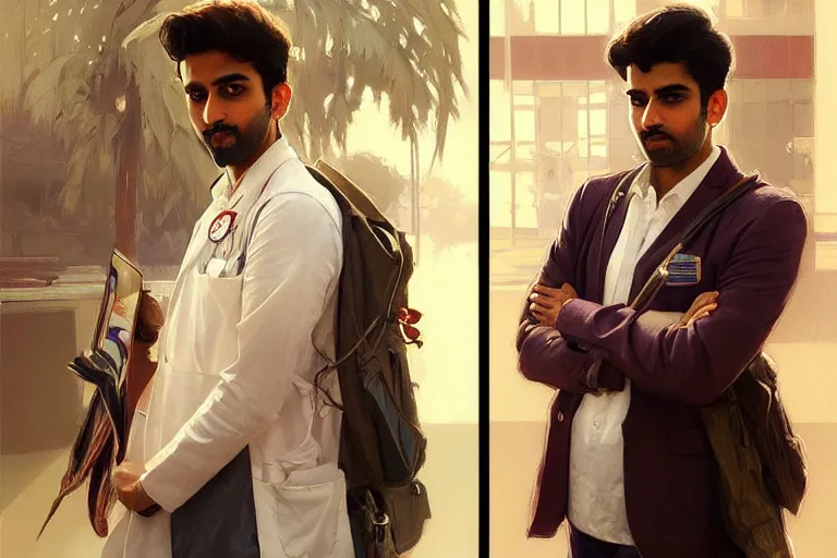 Image similar to Anxious good looking pale young Indian doctors wearing American clothes at the airport, portrait, elegant, intricate, digital painting, artstation, concept art, smooth, sharp focus, illustration, art by artgerm and greg rutkowski and alphonse mucha