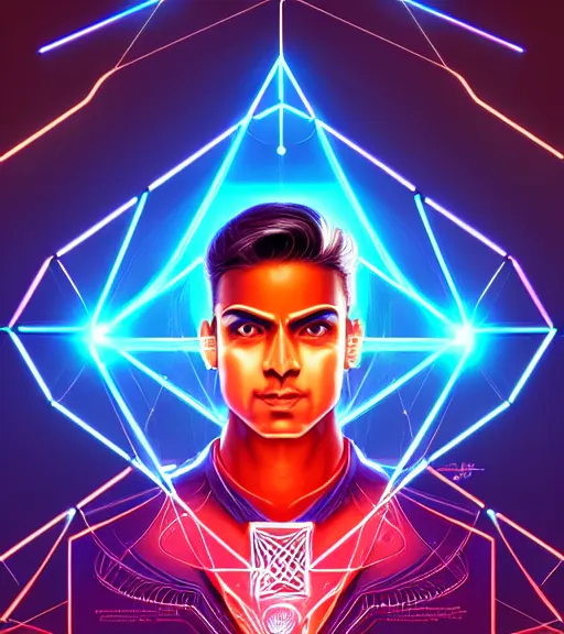 Image similar to symmetry!! indian prince of technology, solid cube of light, hard edges, product render retro - futuristic poster scifi, lasers and neon circuits, brown skin handsome indian prince, intricate, elegant, highly detailed, digital painting, artstation, concept art, smooth, sharp focus, illustration, dreamlike, art by artgerm