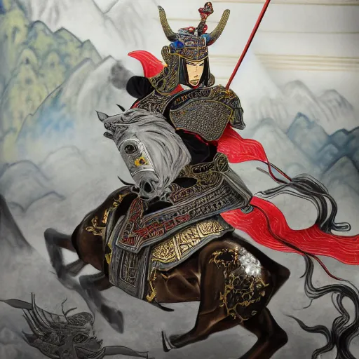 Image similar to dynamic composition, motion, ultra-detailed, incredibly detailed, a lot of details, amazing fine details and brush strokes, colorful and grayish palette, smooth, HD semirealistic anime CG concept art digital painting, watercolor oil painting of a Tang Ming dynasty chinese tao fantasy general wearing armor, from Three Kingdoms, by a Chinese artist at ArtStation, by Huang Guangjian, Fenghua Zhong, Ruan Jia, Xin Jin and Wei Chang. Realistic artwork of a Chinese videogame, gradients, gentle an harmonic grayish colors.