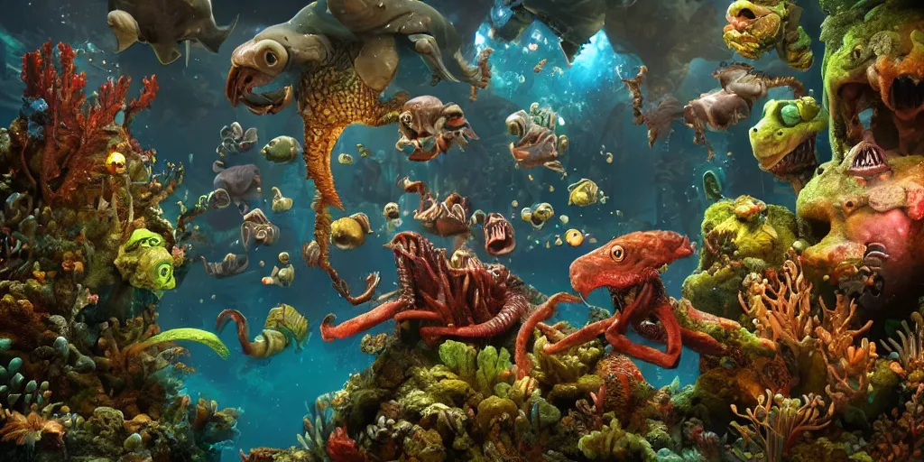 Image similar to underwater enviroment with spondilus creatures, unreal 5, hyperrealistic, realistic, photorealistic, dynamic lighting, highly detailed, cinematic landscape, studio landscape, studio lighting