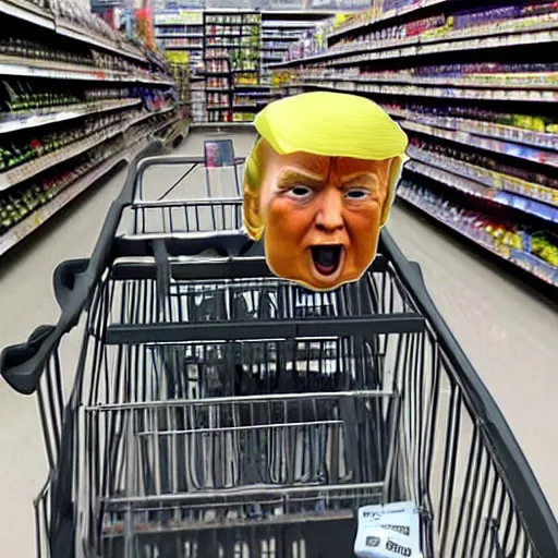 Prompt: a supermarket where every shopping cart includes a tiny, angry clone of donald trump that sits in the basket and screams for the duration of your shopping trip