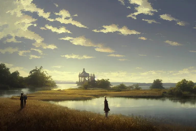 Image similar to an ornate victorian palace, big lake, scene in an open field. 1 8 9 0, key visual, conceptart, ambient lighting, highly detailed, digital painting, artstation, concept art, sharp focus, by makoto shinkai and akihiko yoshida and greg manchess