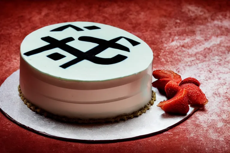 Image similar to a vanilla cake with aphex twin logo frosting on top, product photography