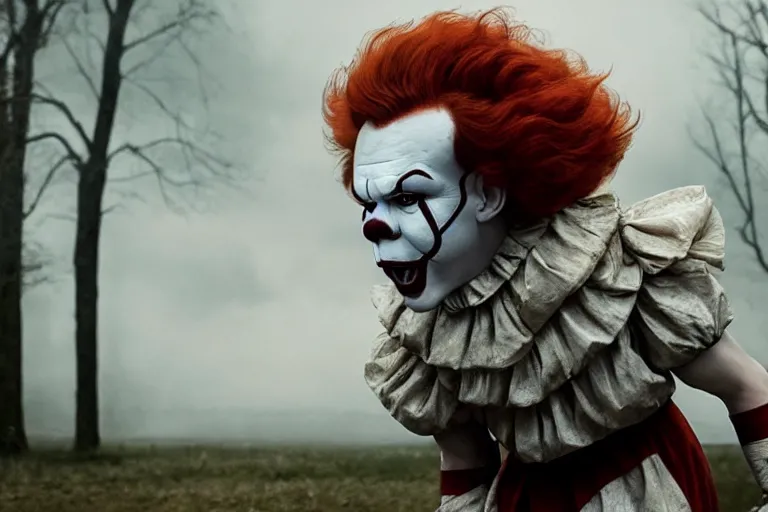 Image similar to film still of will poulter as pennywise. directed by cary joji fukanaga.