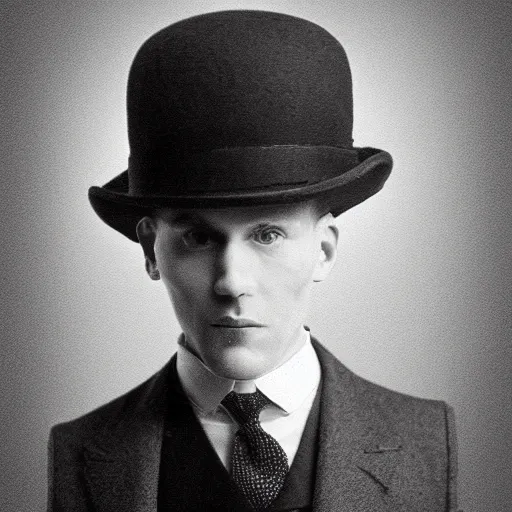 Image similar to A photograph portrait of Jerma985 wearing a bowler hat in the early 1920s, taken in the early 1920s, grainy, taken on a early 1900s Kodak Camera, realistic, hyperrealistic, very realistic, highly detailed, very detailed, extremely detailed, detailed, digital art, trending on artstation