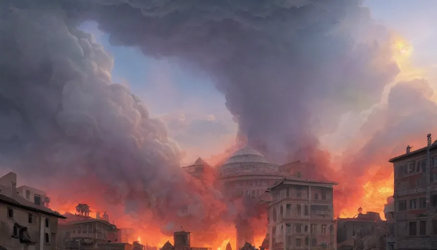 Image similar to A highly detailed matte painting of the Sack of Rome, fire and smoke, by Studio Ghibli, Makoto Shinkai, by Artgerm, by beeple, volumetric lighting, octane render, 4K resolution, trending on artstation, masterpiece