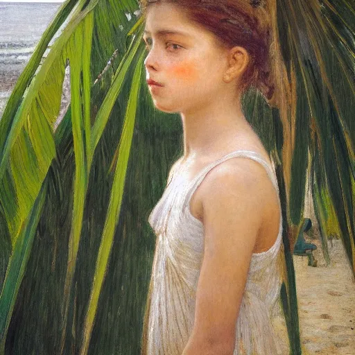 Image similar to a ultradetailed beautiful painting of a girl in the amazonas palace balustrade designed by jules bastien - lepage, hans belmer, frank weston and gustave baumann, beach, trending on artstation, mediterranean, palm trees, detailed face, sharp focus, soft light, 8 k 4 k