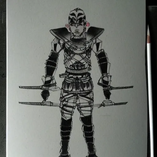 Prompt: japanese futuristic warrior with many scars, hard ink, no pencils, full body drawing