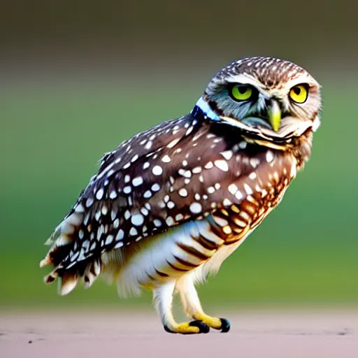 Image similar to a picture of a burrowing owl sitting with his legs splayed out to the sides