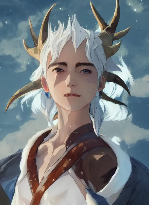 Prompt: concept art painting of a person with brown skin and short white hair, demon horns, white freckles, full clothing, blue clothes, blue robes, detailed, cel shaded, in the style of ruan jia and artgerm and makoto shinkai and james gurney