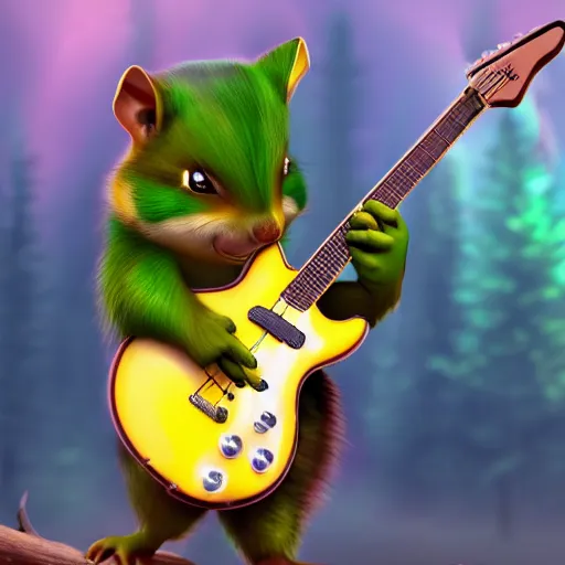 Prompt: a high quality photo of a chipmunk hulk playing electric guitar, foggy forrest backdrop, render, ultra realistic, epic lighting, cgsociety