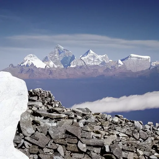 Image similar to stonehenge at the top of everest, with pyramids visible at the horizon