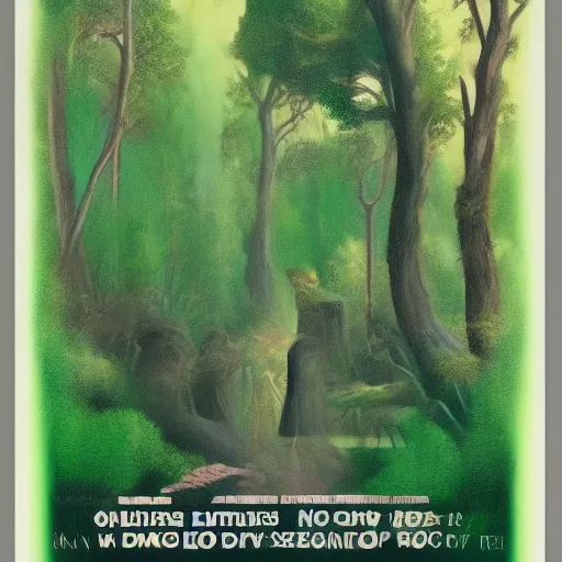 Image similar to vintage travel poster for a fantasy forest, elves are the main focus, green tones, printed