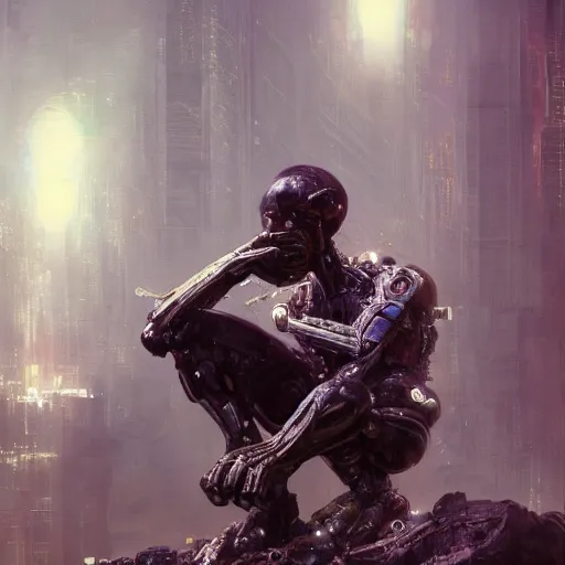 Prompt: the thinker as a cyborg, intricate, elegant, volumetric lighting, scenery, digital painting, highly detailed, artstation, sharp focus, illustration, concept art, luis rollo, ruan jia, steve mccurry, john berkey