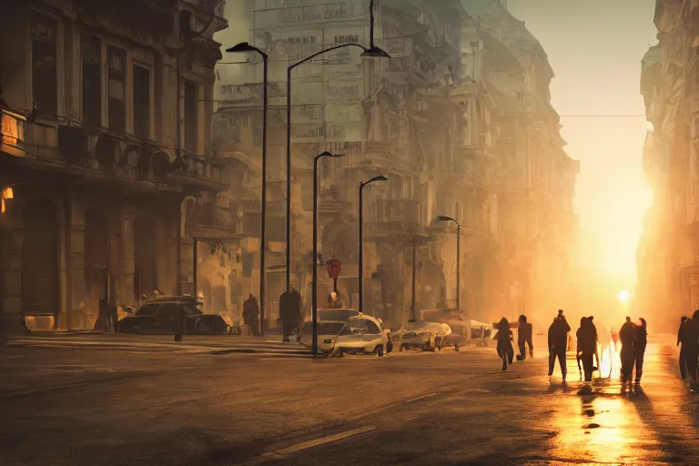 Image similar to artstation, concept art, dramatic lighting, bucharest, sunset, mist, people on the streets, rule of thirds, composition, atmospheric