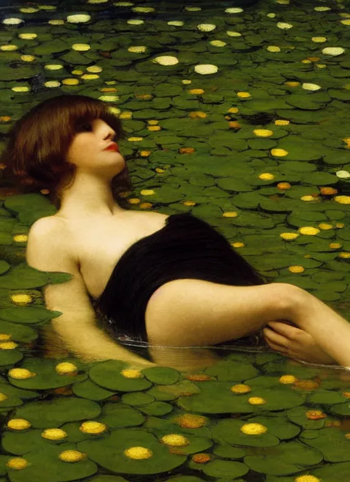 Prompt: lady laying on the river bed amongst the duck weed, underwater shot, submerged, medium shot, on the bed of the river, portrait by john william waterhouse, 8 k