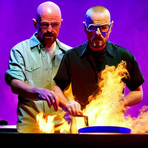 Prompt: Walter White and Jesse Pinkman cooking meth on a stage at a concert