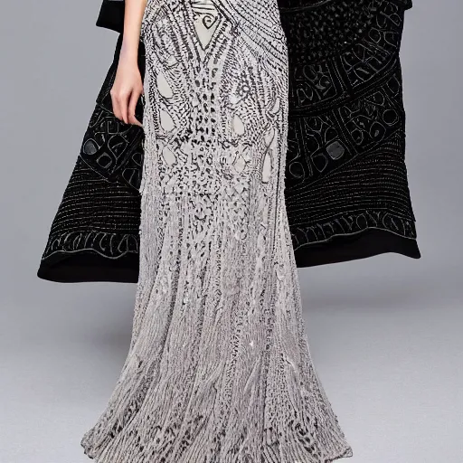 Prompt: fantastically beautiful long knitted large knitted evening dress. light colors. on top of the intricate black ornament openwork. and colored beads. asymmetrical. detailed. a masterpiece.