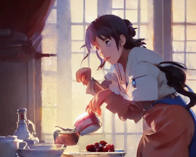 Image similar to a brunnete girl with blue eyes and puffy cooking breakfast in her messy house, holding a pan, close up shot from the side, anime art, Greg Rutkowski, studio ghibli, dramatic lighting