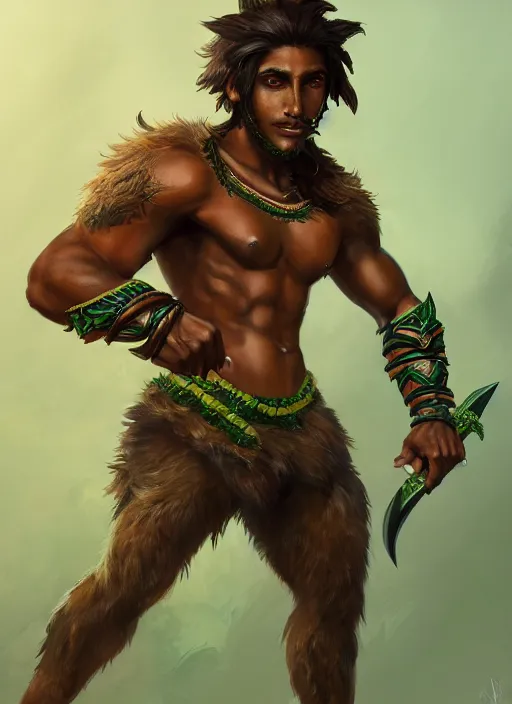 Prompt: a highly detailed illustration of fierce attractive young tanned tribal boy wearing green wolf mane, heroic wielding club pose, muscular, intricate, elegant, highly detailed, centered, digital painting, artstation, concept art, smooth, sharp focus, league of legends concept art, wlop