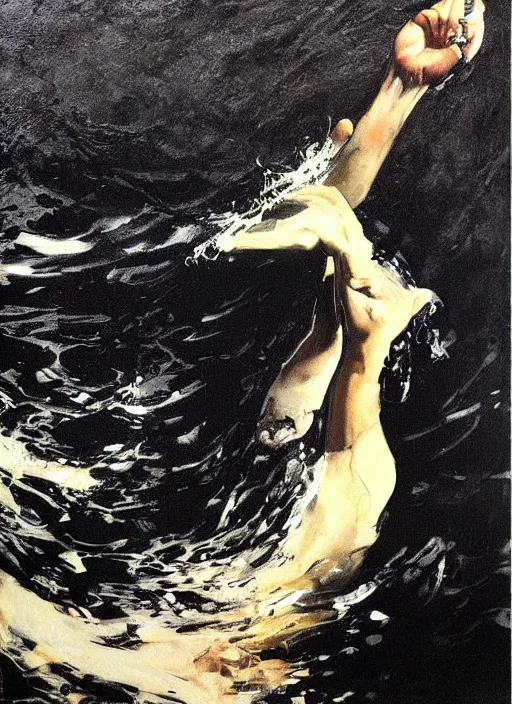 Image similar to swimming dale cooper drowning in black liquid, billowing black waves in the ocean, painting by phil hale, fransico goya, david lynch,'action lines '!!!, graphic style, visible brushstrokes, motion blur, blurry