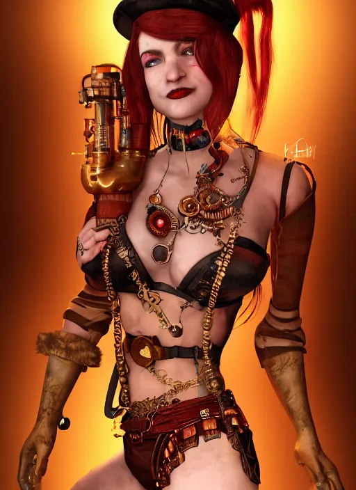 Image similar to steampunk portrait of harley quinn as a belly dancer, au naturel, hyper detailed, digital art, trending in artstation, cinematic lighting, studio quality, smooth render, unreal engine 5 rendered, octane rendered, art style by klimt and nixeu and ian sprigger and wlop and krenz cushart.
