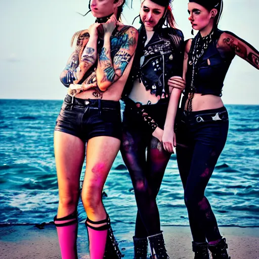 Image similar to girls on the sea, punk style, high quality, 8 k