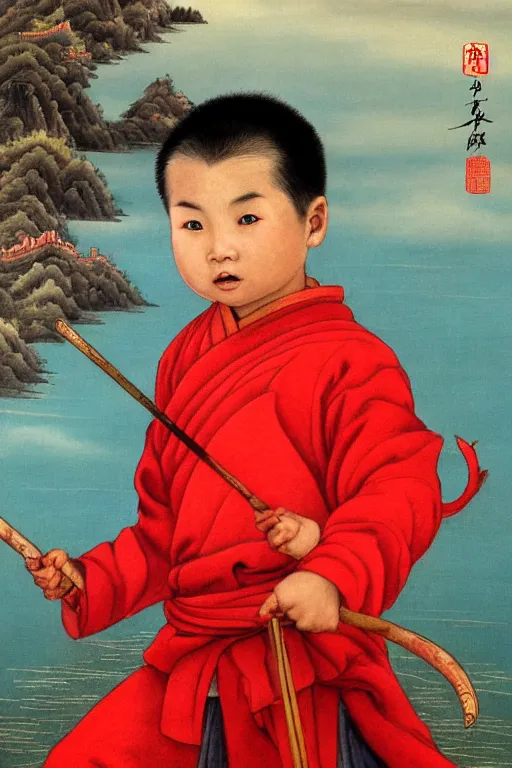 Image similar to a masterpiece portrait of legendry nezha flies riding on the wind fire wheels across the sea, water everywhere, chinese mythology, chinese male child, cute face, side view, red cloth around his shoulders, hold spear, cinematic, fantasy character portrait, highly detailed, by ne zha ( 2 0 1 9 ), fenghua zhong, bob byerley