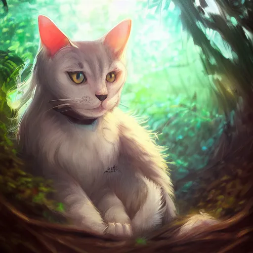 Image similar to a portrait of a cat in the forest, trending on artstation, trending on furaffinity, digital art, by kawacy, anime, furry art, warm light, backlighting, cartoon, concept art