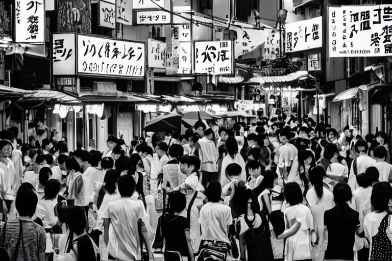 Prompt: still photo of a japanese street festival, black and white color aesthetic, highly detailed, photorealistic portrait, bright studio setting, studio lighting, crisp quality and light reflections, unreal engine 5 quality render