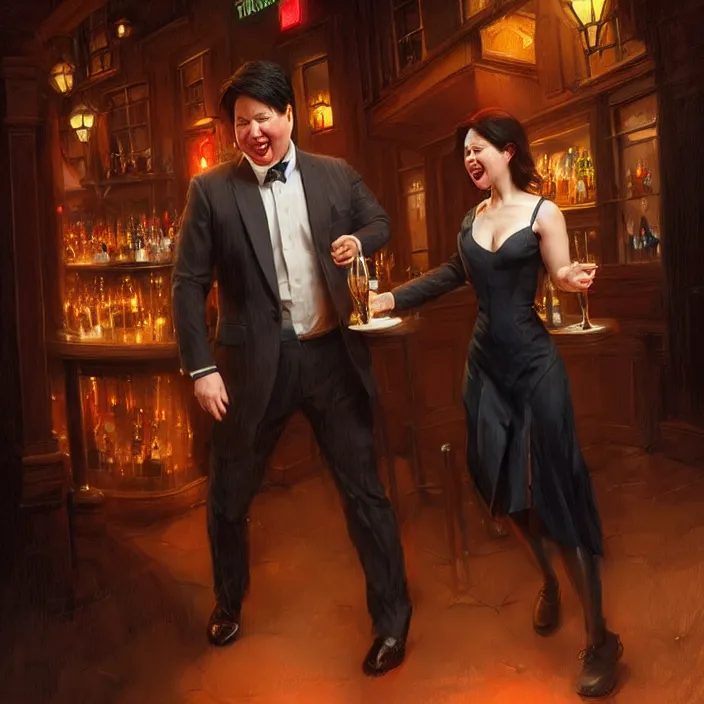 Image similar to michael mcintyre leaving a bar with with a singing waitress, elegant, real life skin, intricate artwork, high detailed, artstation, concept art, smooth, sharp focus, art by artgerm and greg rutkowski