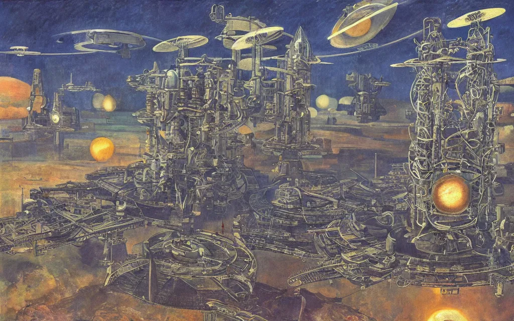 Image similar to complex alien technology in the form of a large space station, with different sections and levels, each with its own purpose by don maitz and paul gauguin, style of global illumination