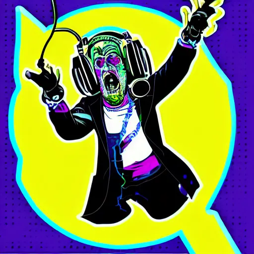 Image similar to svg vector sticker of absolutely insane-mad-scientist-villain, rocking out, wearing headphones, huge speakers, dancing, rave, DJ, spinning records, digital art, amazing composition, rule-of-thirds, award-winning, trending on artstation, featured on deviantart