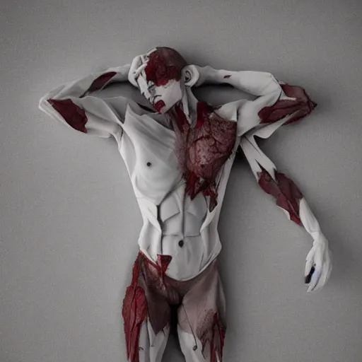 Prompt: hyperrealistic mixed media image of human corpse origami, broken bones and blood, stunning 3 d render inspired art by greg rutkowski and xiang duan and thomas eakes, perfect symmetry, flesh texture, realistic, highly detailed attributes and atmosphere, dim volumetric cinematic lighting, 8 k octane detailed render, post - processing, masterpiece,