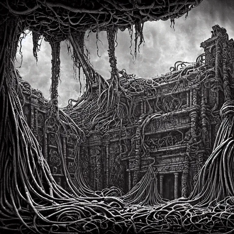 Prompt: still life of ribbed abandoned mayan temple on exoplanet in hell, covered with tentacles, roots, wires, tubes, organic flesh, meat, standing in a desolate empty wasteland, lit by a column of light from flying saucer ufo above, baroque painting, creepy, nightmare, dream-like heavy atmosphere, surreal abandoned buildings, baroque painting, beautiful detailed intricate insanely detailed octane render trending on Artstation, 8K artistic photography, photorealistic, chiaroscuro, Raphael, Caravaggio, Beksinski, Giger