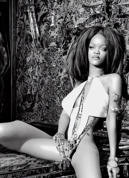 Image similar to rihanna styled by nick knight posing in an expensive mansion setting, vogue magazine, highly realistic. high resolution. highly detailed. dramatic. 8 k. 4 k.