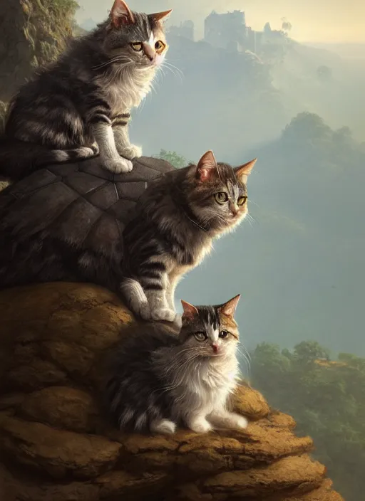 Image similar to Portrait of two scruffy haired cats on a tall mountain sitting on a turtle, realistic, detailed, 4k by Greg Rutkowski Mark Arian trending on artstation